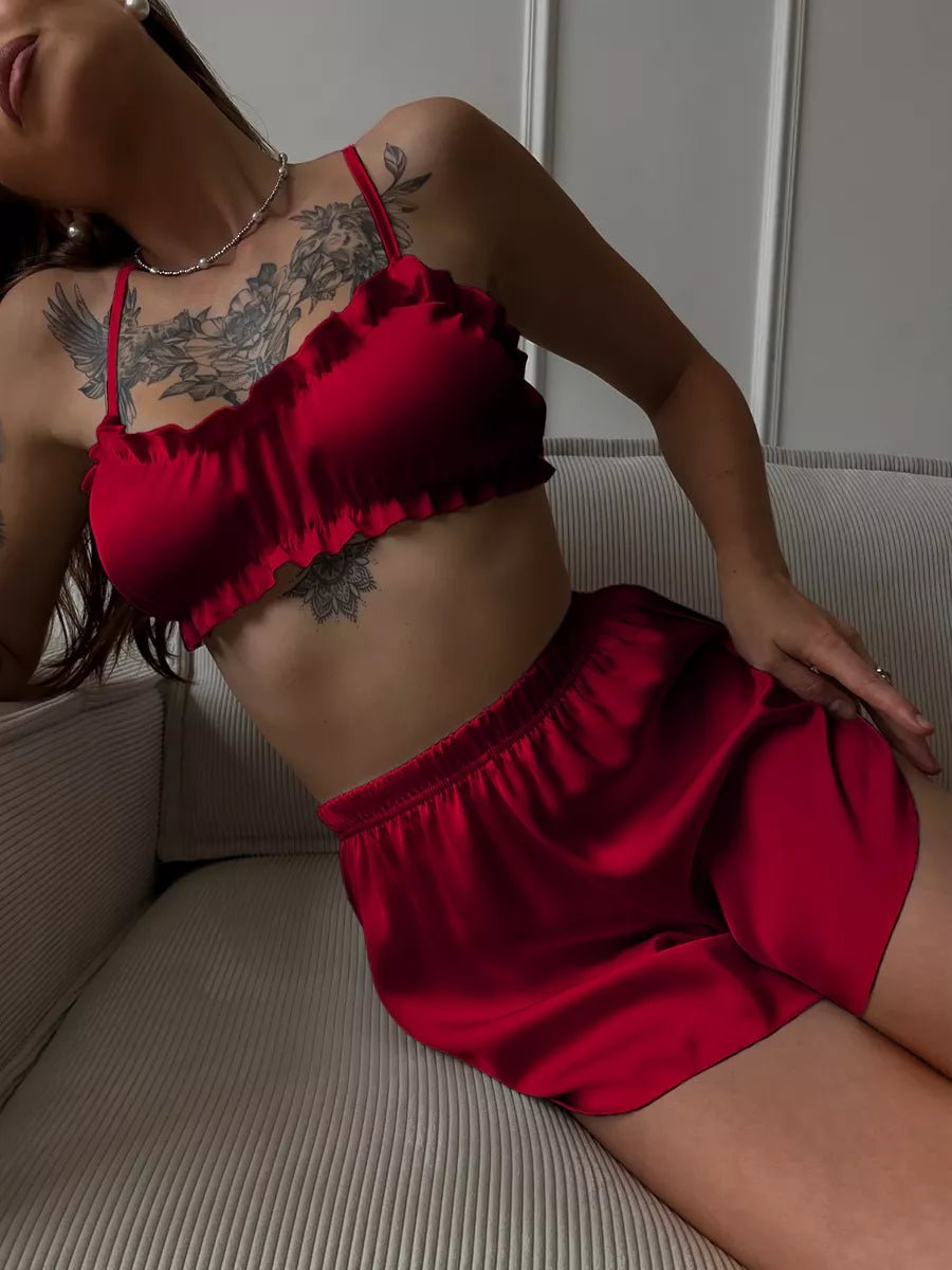 Satin Co-ord Set | Ruffle Frill Bralette & Booty Shorts | Sexy Lounge Set for Women - Bella Babe by SK