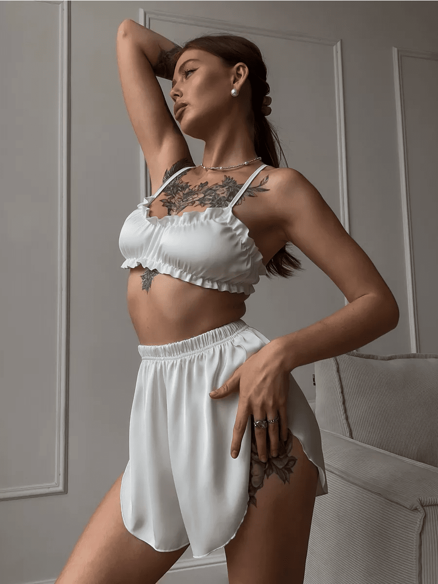 Satin Co-ord Set | Ruffle Frill Bralette & Booty Shorts | Sexy Lounge Set for Women - Bella Babe by SK