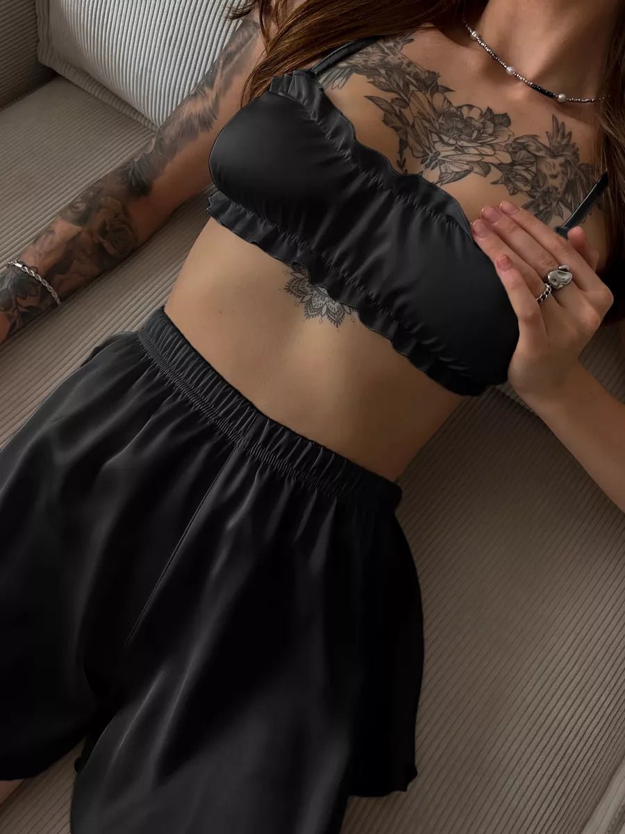 Satin Co-ord Set | Ruffle Frill Bralette & Booty Shorts | Sexy Lounge Set for Women - Bella Babe by SK
