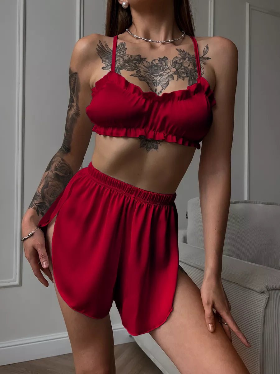 Satin Co-ord Set | Ruffle Frill Bralette & Booty Shorts | Sexy Lounge Set for Women - Bella Babe by SK