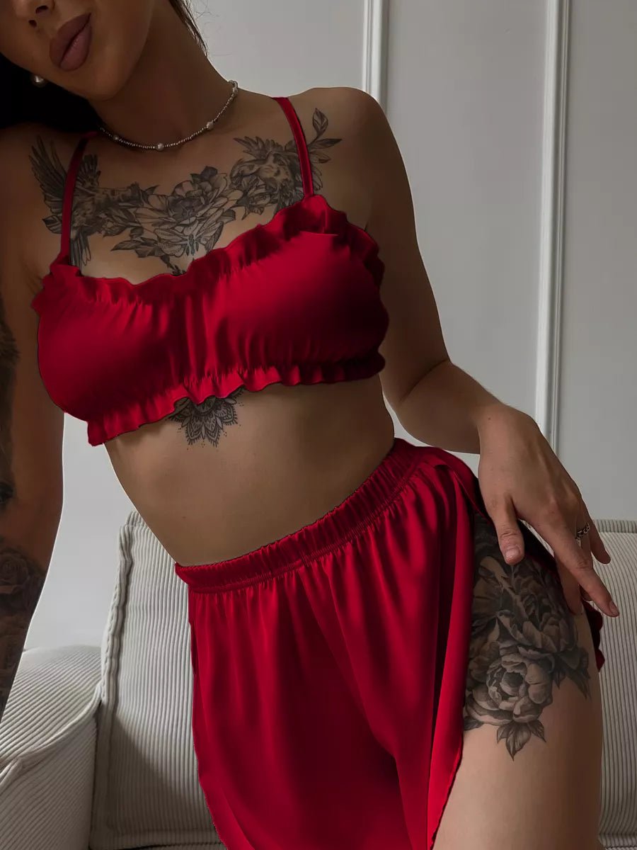 Satin Co-ord Set | Ruffle Frill Bralette & Booty Shorts | Sexy Lounge Set for Women - Bella Babe by SK