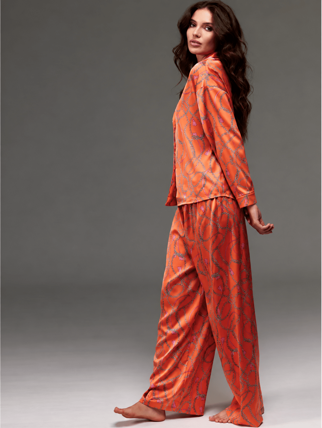 Satin Co-ord Set | Sexy Lace-Up Collar Shirt & Wide Leg Pants - Bella Babe by SK
