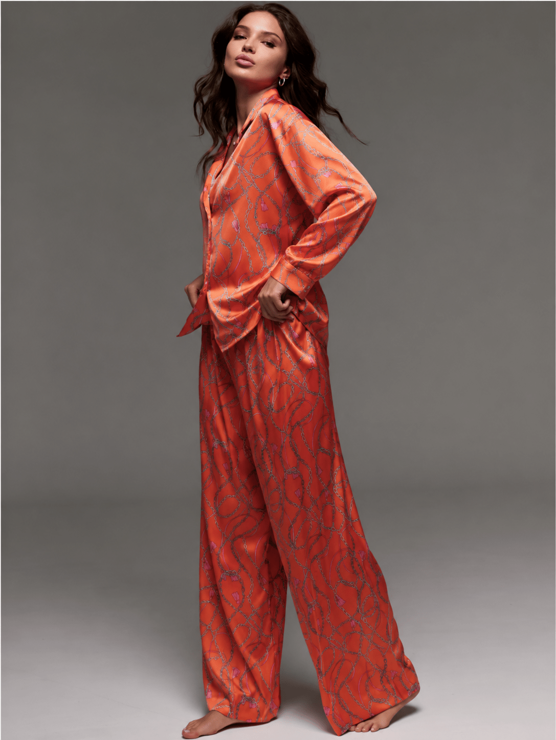 Satin Co-ord Set | Sexy Lace-Up Collar Shirt & Wide Leg Pants - Bella Babe by SK