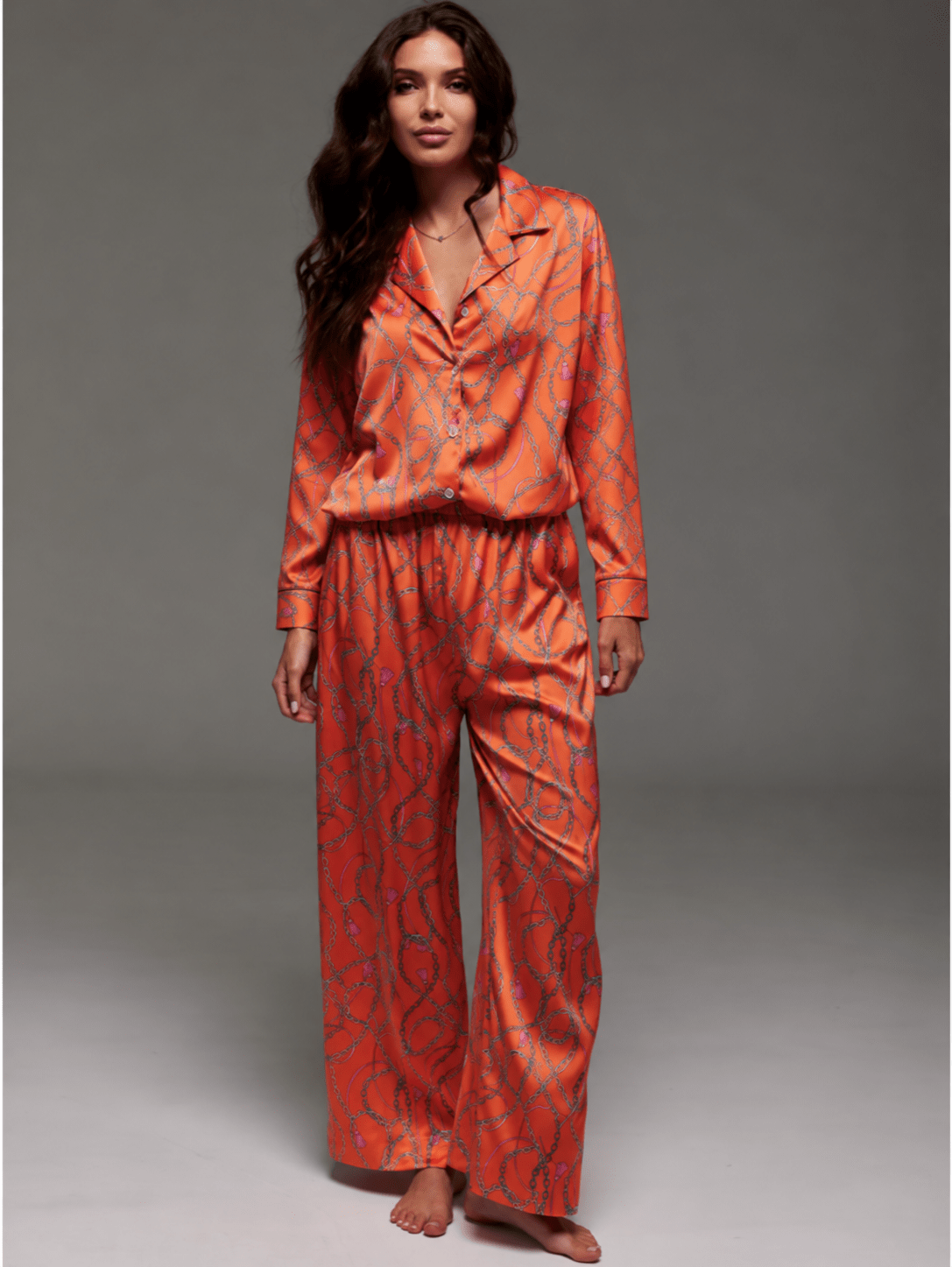 Satin Co-ord Set | Sexy Lace-Up Collar Shirt & Wide Leg Pants - Bella Babe by SK