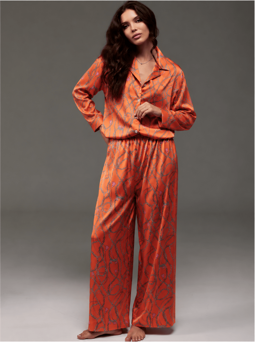 Satin Co-ord Set | Sexy Lace-Up Collar Shirt & Wide Leg Pants - Bella Babe by SK