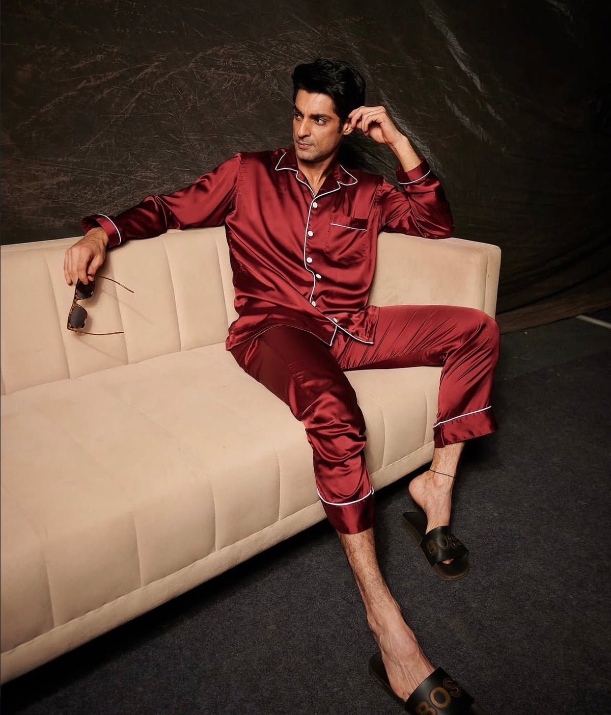Satin Night Suit with Contrast Piping - Bella Babe by SK