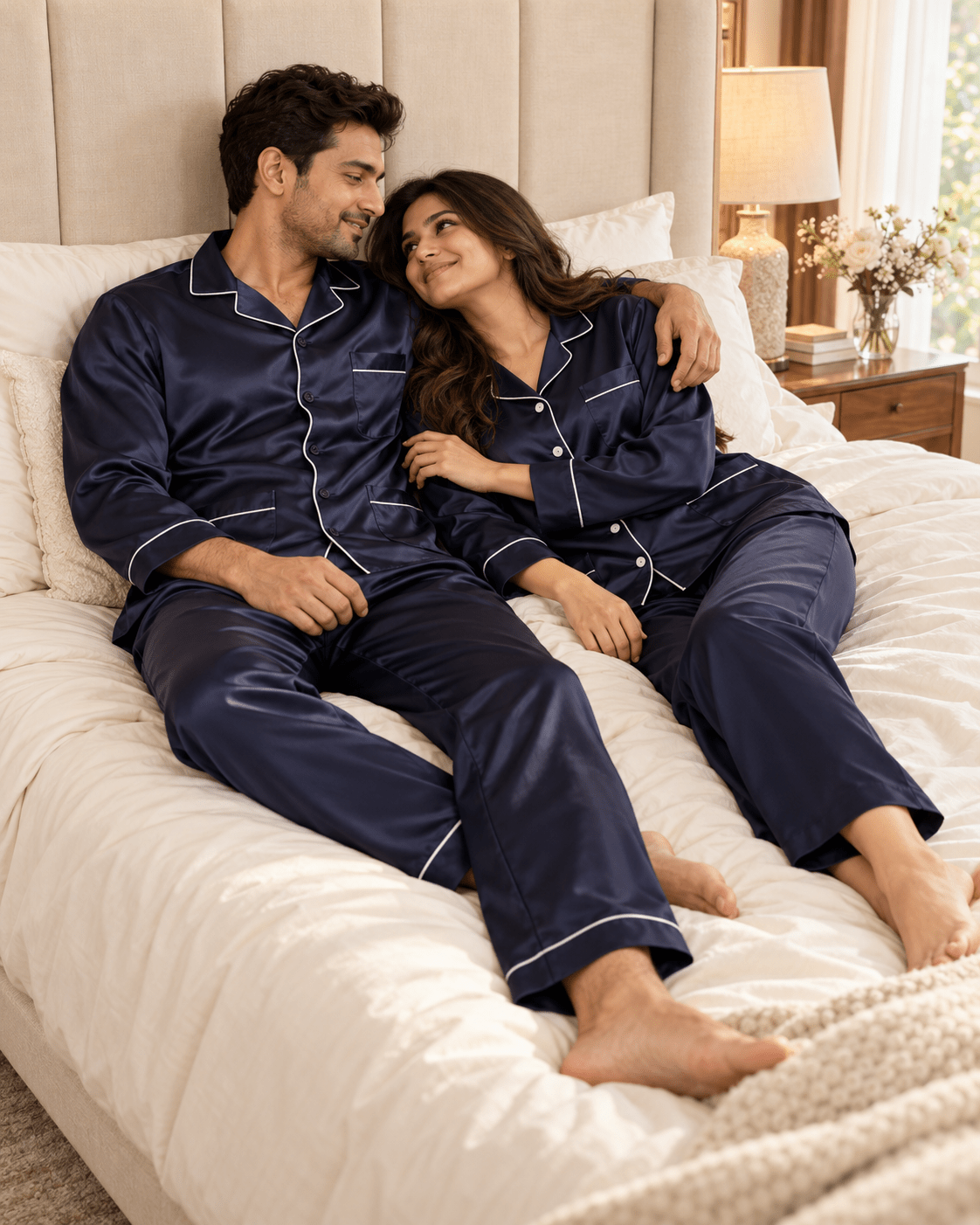 Satin Nightwear with Contrast Piping for Couples - Bella Babe by SK