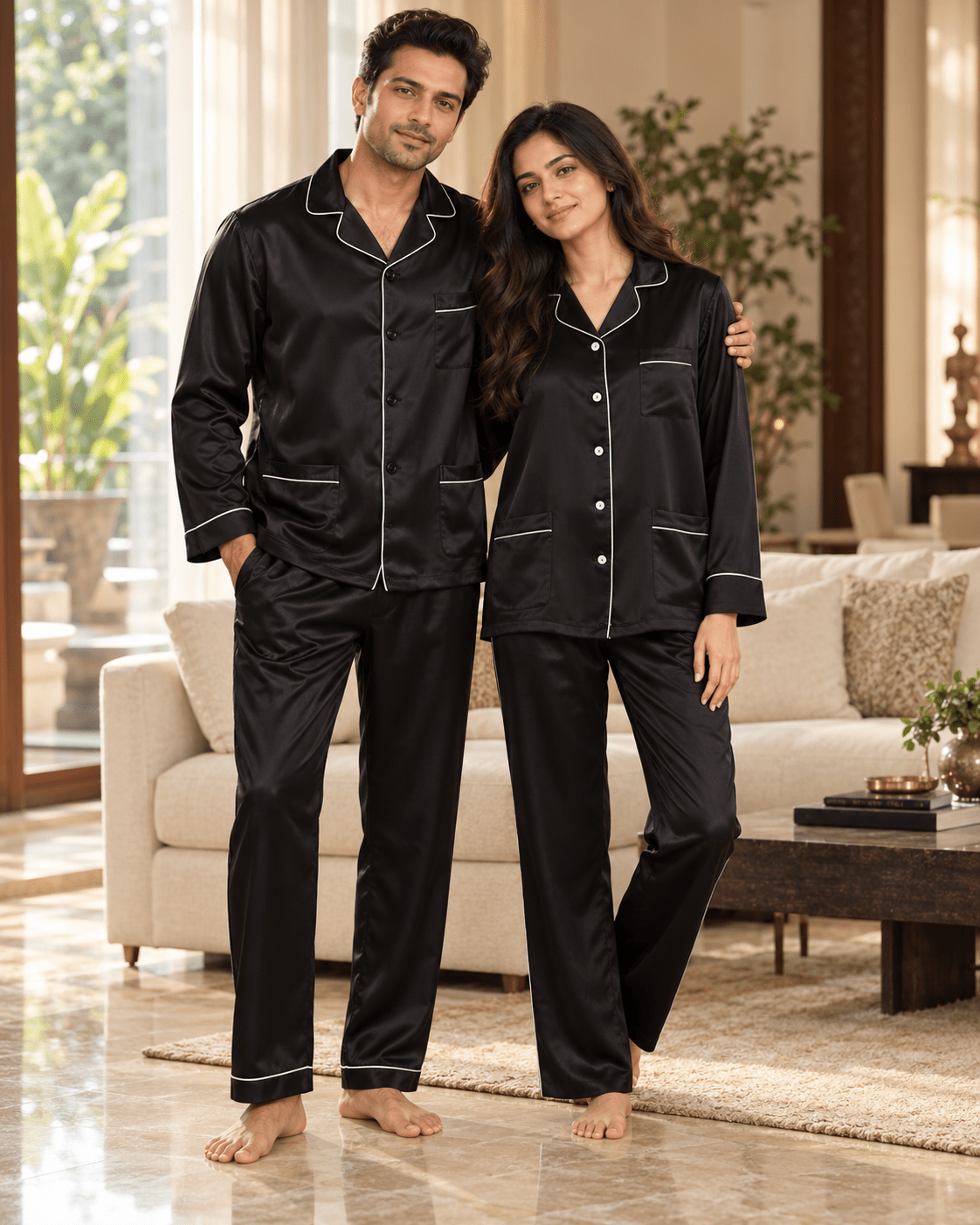 Satin Nightwear with Contrast Piping for Couples - Bella Babe by SK