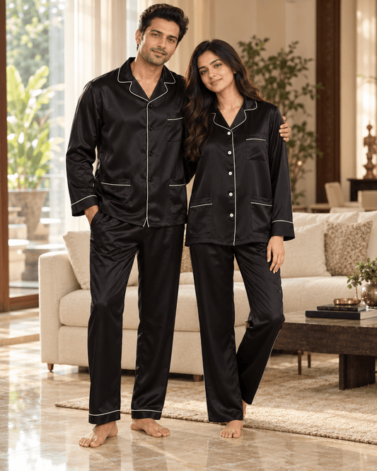 Satin Nightwear with Contrast Piping for Couples - Bella Babe by SK