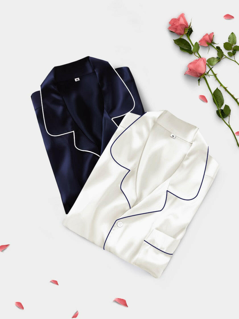 Satin Nightwear with Contrast Piping for Couples - Bella Babe by SK