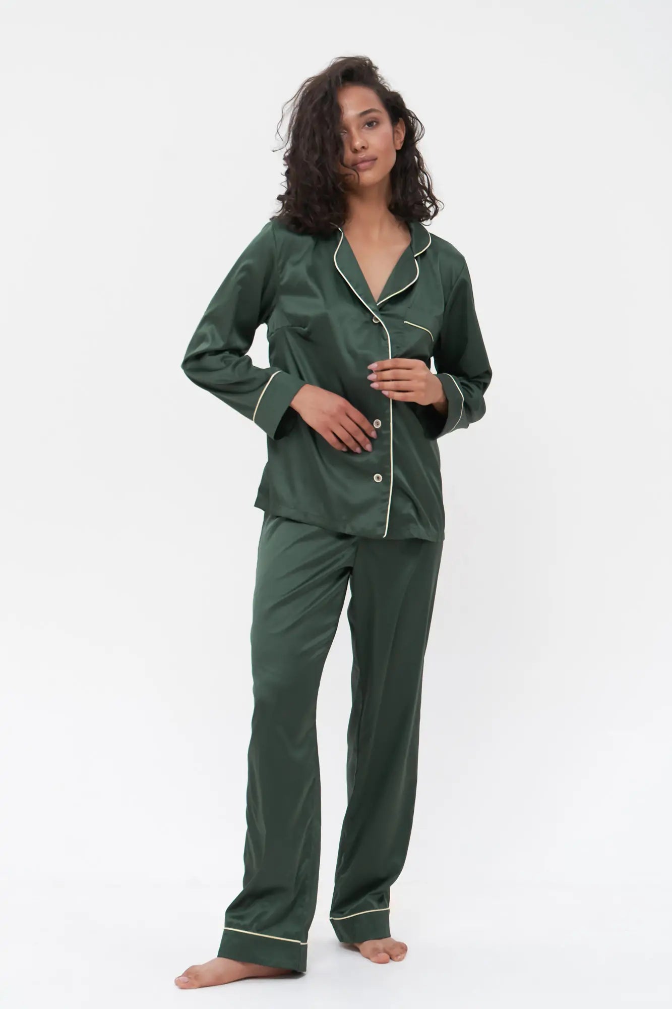 Satin Pajama Set with Contrast Piping - Bella Babe by SK