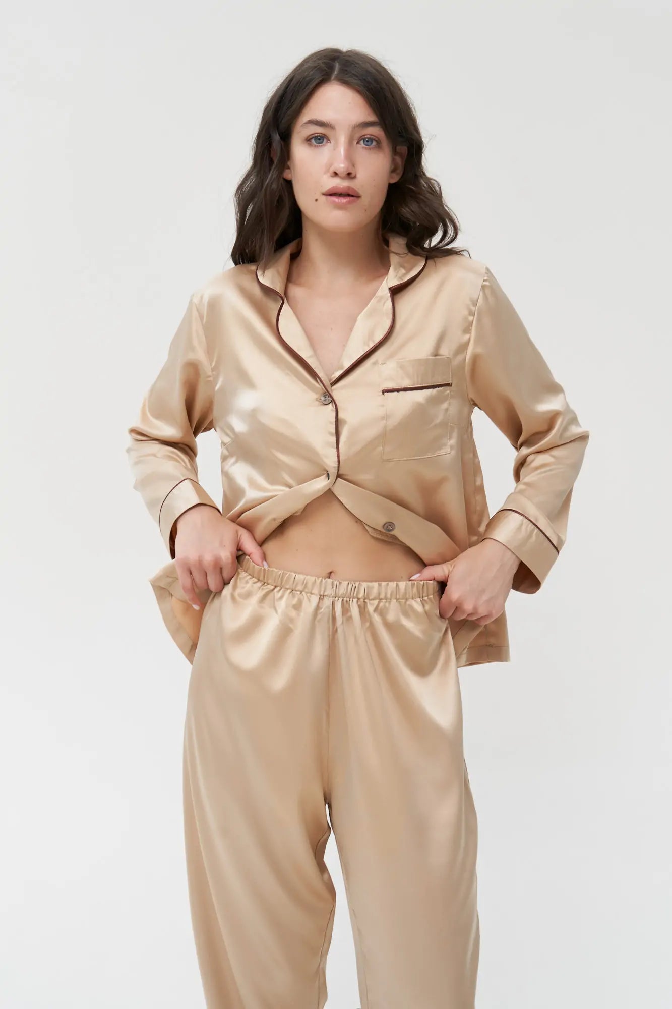 Satin Pajama Set with Contrast Piping - Bella Babe by SK
