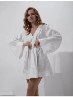 Short Robe in White Linen - Bella Babe by SK