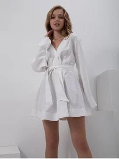 Short Robe in White Linen - Bella Babe by SK