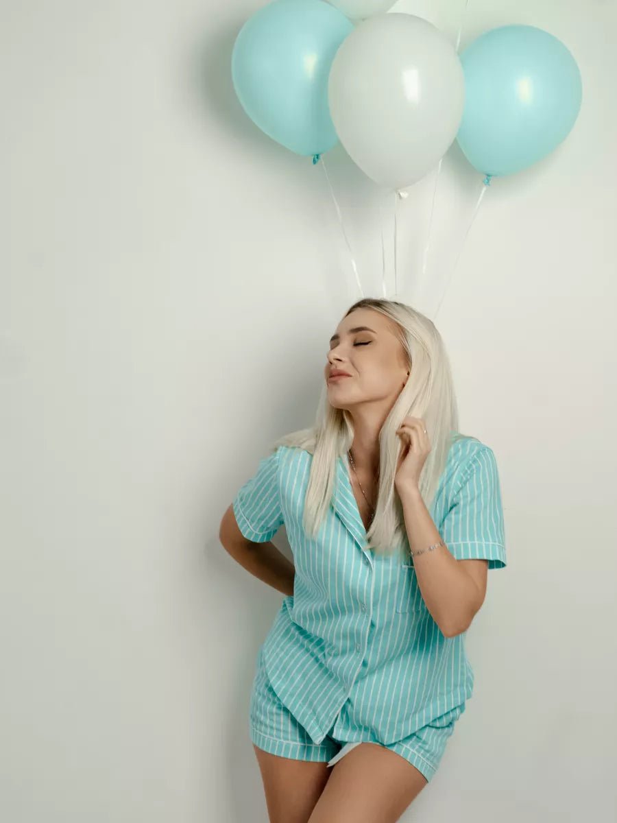 Shorts Set Pale Turquise Stripe 100% Cotton - Bella Babe by SK