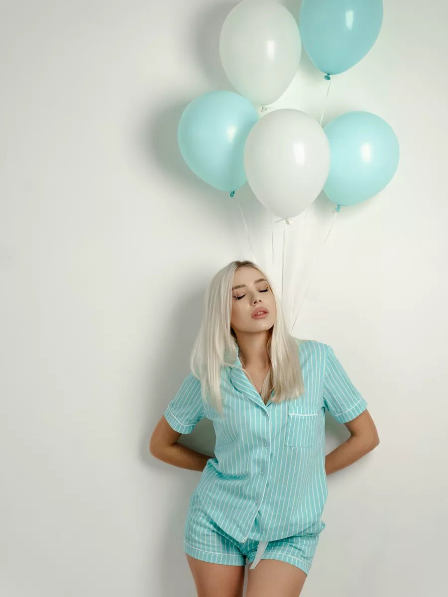 Shorts Set Pale Turquise Stripe 100% Cotton - Bella Babe by SK