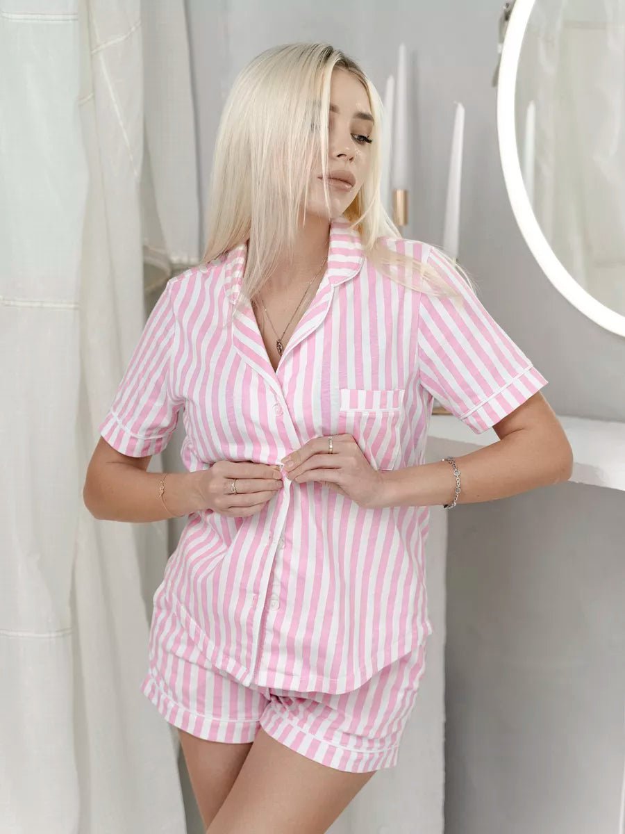 Shorts Set Pink Stripe (White Piping) 100% Cotton - Bella Babe by SK