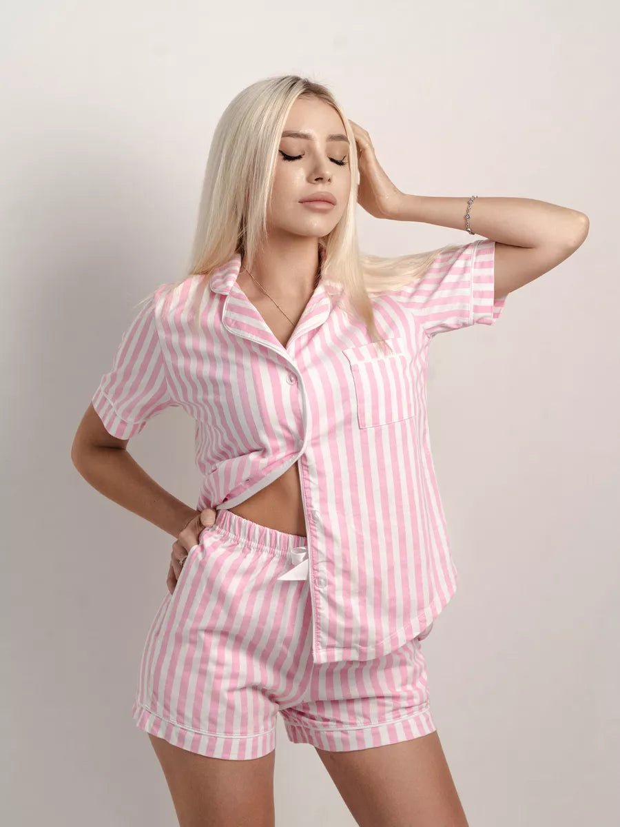 Shorts Set Pink Stripe (White Piping) 100% Cotton - Bella Babe by SK