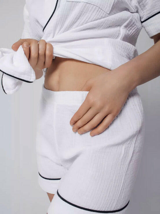 Shorts Set with Piping in White Muslin - Bella Babe by SK