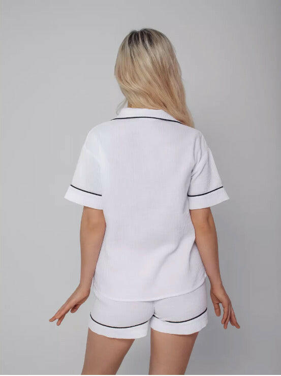 Shorts Set with Piping in White Muslin - Bella Babe by SK