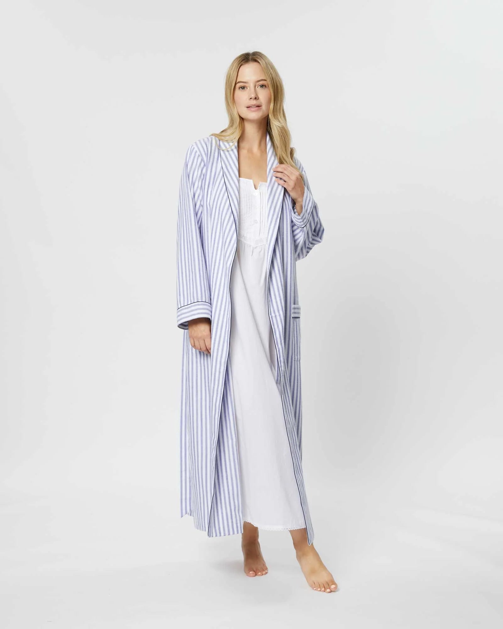 Sky Blue Stripe 100% Cotton Robe (Long) - Bella Babe by SK