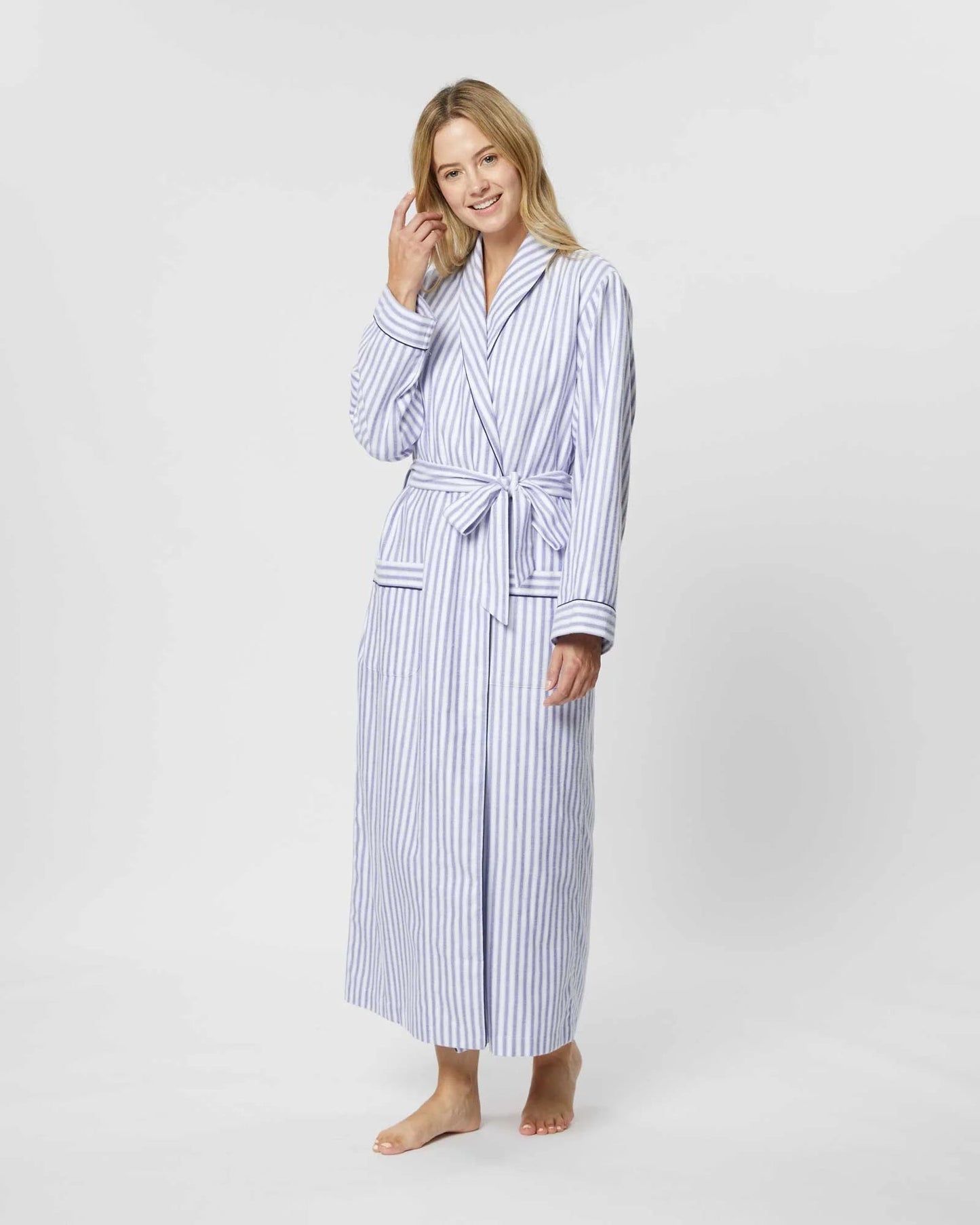 Sky Blue Stripe 100% Cotton Robe (Long) - Bella Babe by SK