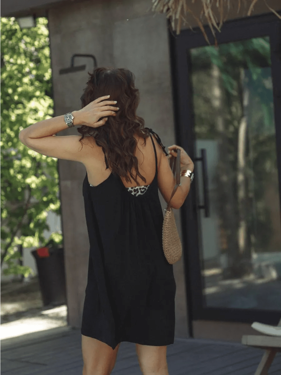 Tie-Back Cotton Nightie for Women | Sleeveless Flowy Slip Dress | Open Back Nightdress | Black & White - Bella Babe by SK