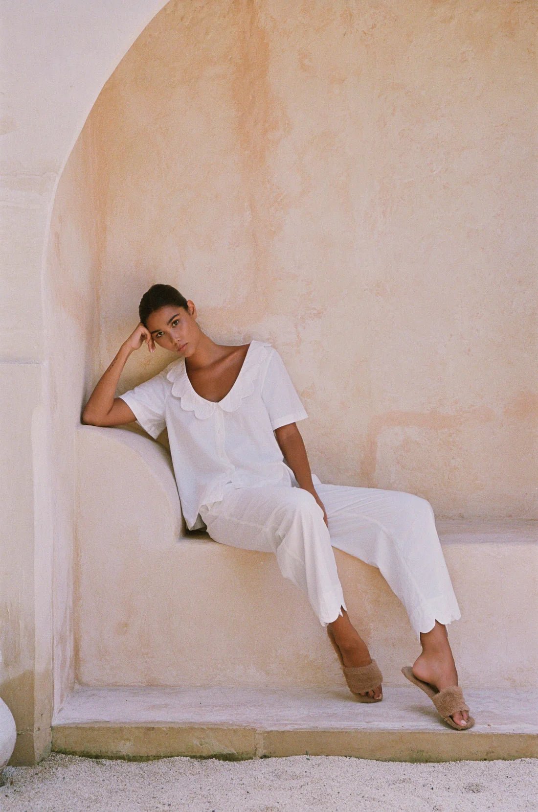 White Cotton Co-ord Set for Women | Scallop Collar Top & Pants | Half Sleeve Shirt with Scalloped Hem Trousers | Resort Loungewear Set - Bella Babe by SK