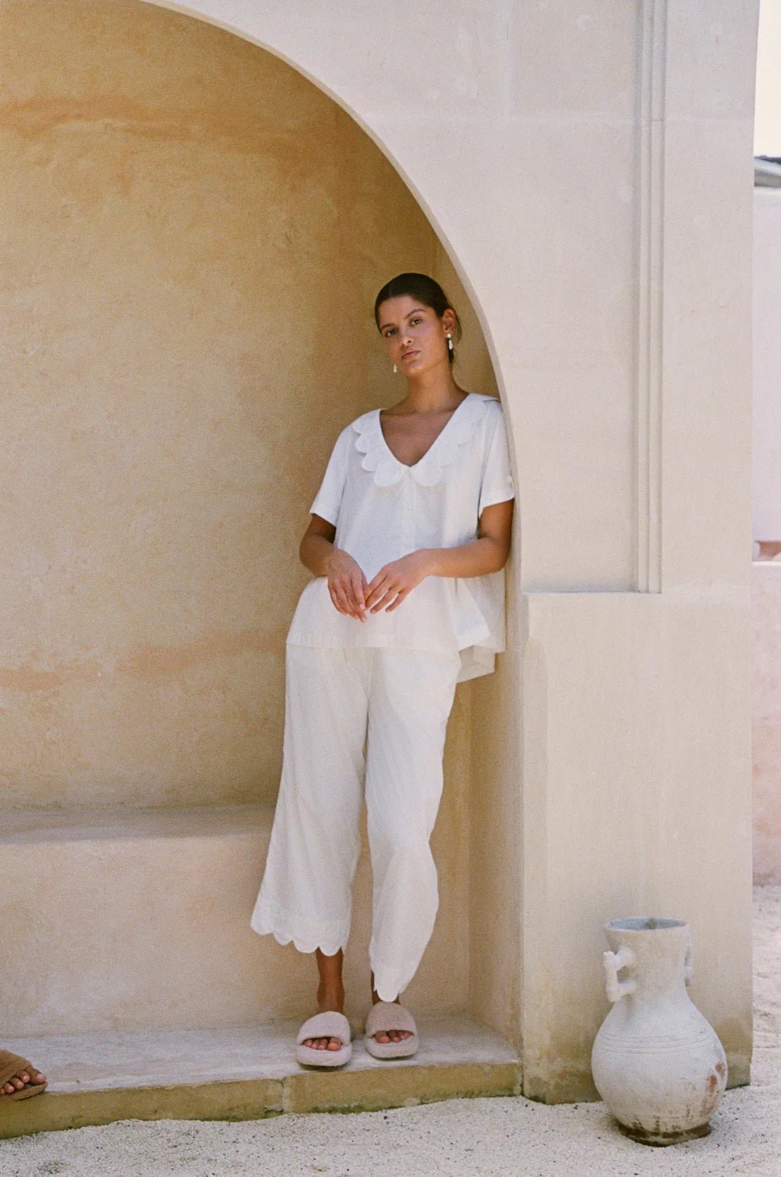 White Cotton Co-ord Set for Women | Scallop Collar Top & Pants | Half Sleeve Shirt with Scalloped Hem Trousers | Resort Loungewear Set - Bella Babe by SK