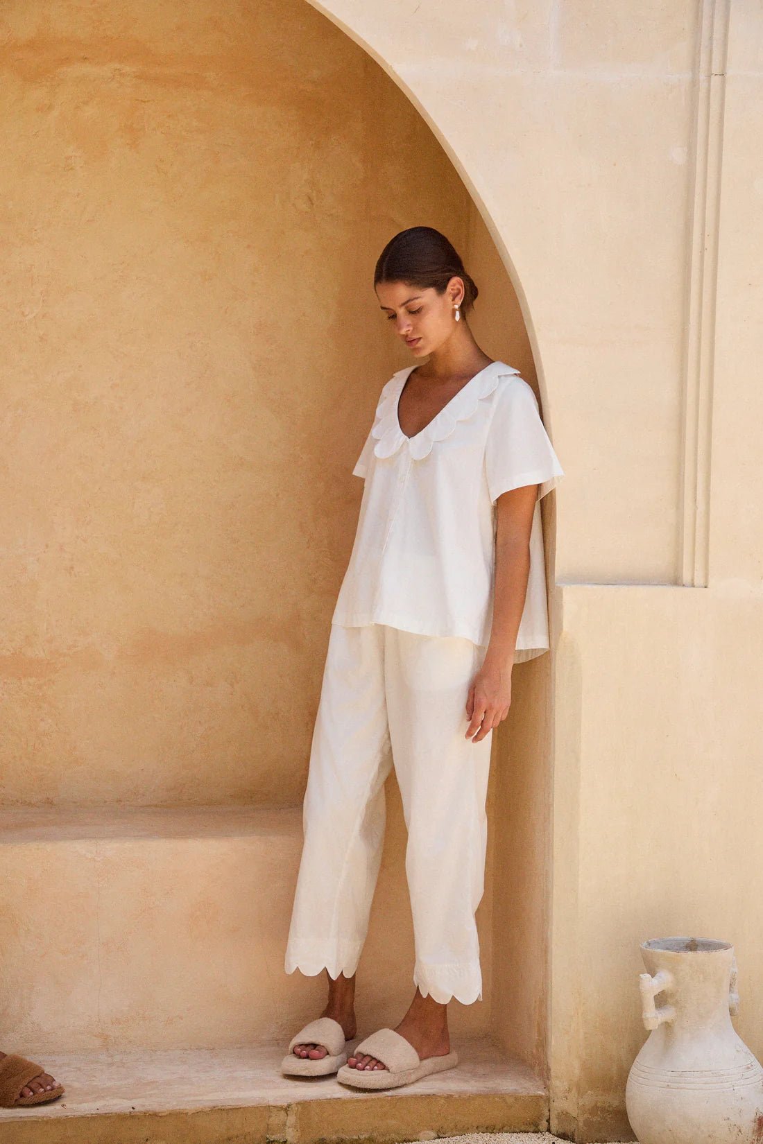 White Cotton Co-ord Set for Women | Scallop Collar Top & Pants | Half Sleeve Shirt with Scalloped Hem Trousers | Resort Loungewear Set - Bella Babe by SK