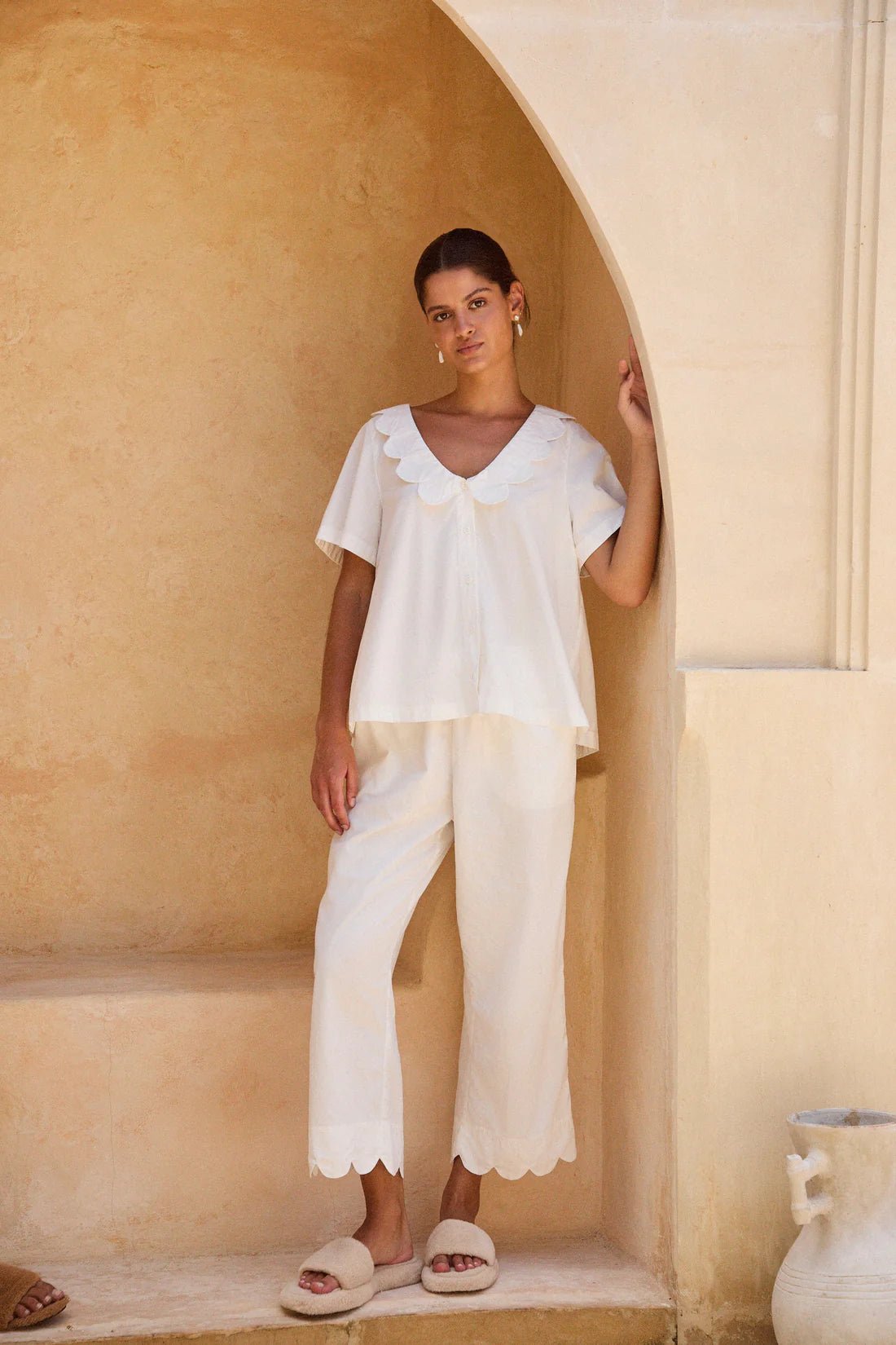 White Cotton Co-ord Set for Women | Scallop Collar Top & Pants | Half Sleeve Shirt with Scalloped Hem Trousers | Resort Loungewear Set - Bella Babe by SK