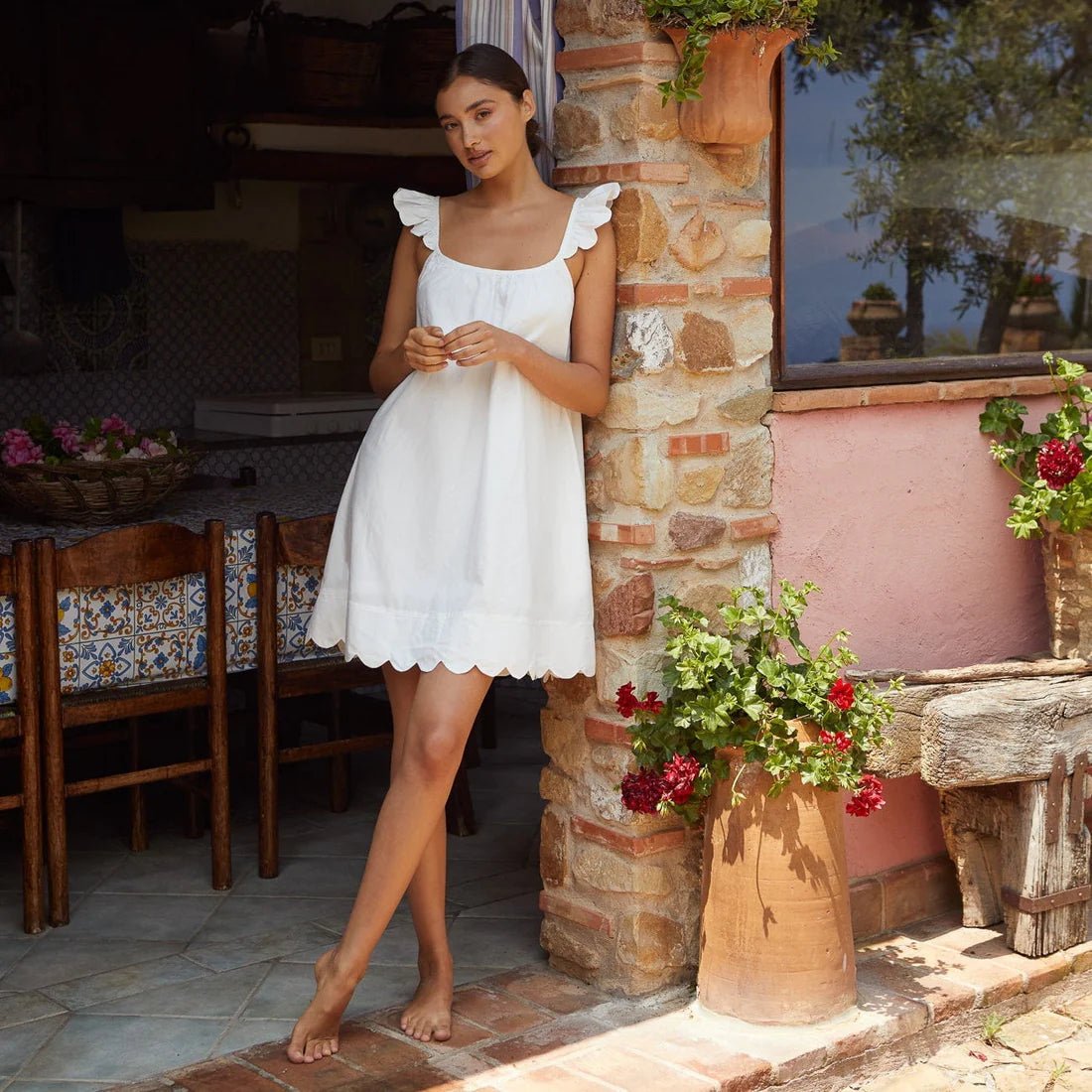 White Cotton Nightdress for Women | Ruffle Strap Babydoll Nightgown | Scalloped Hem Sleep Dress | Soft Cotton Sleepwear - Bella Babe by SK